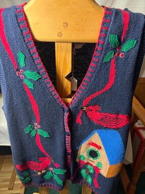 Festive Navy Holiday Cardigan Vest with Red Bird Motif
